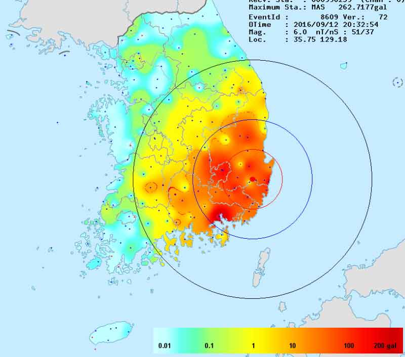 9월 12일 발생한 경주 지역 지진 강도 표시도