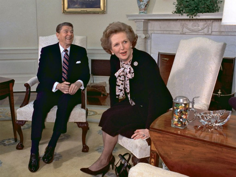 마가렛 대처 전 영국 총리(오른쪽)와 로널드 레이건 전 미국 대통령의 생전 모습