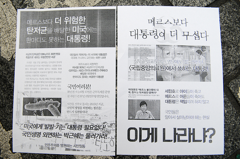 10일 6월 민주항쟁일을 맞아 메르스(중동호흡기증후군), 탄저균 배달사고 사태 등과 관련해 부산 서면1번가에 박근혜 정권을 비판하는 전단이 살포됐다.