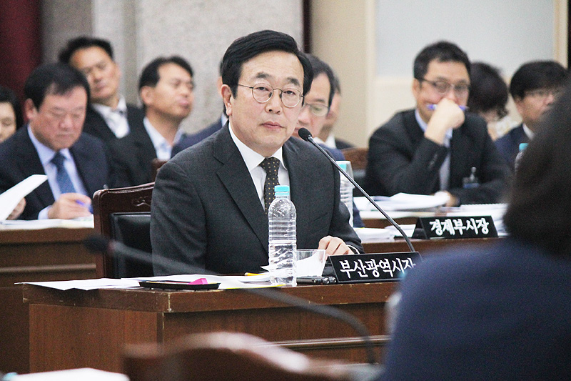 지난달 24일 국회 행정안전위원회 부산시 국정감사에서 서병수 부산시장이 의원들의 질의를 받고 있다.