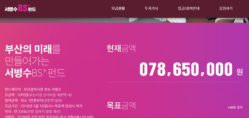 6.13 부산시장 선거에 출마한 자유한국당 서병수 후보의 17일 선거 펀드 현황.
