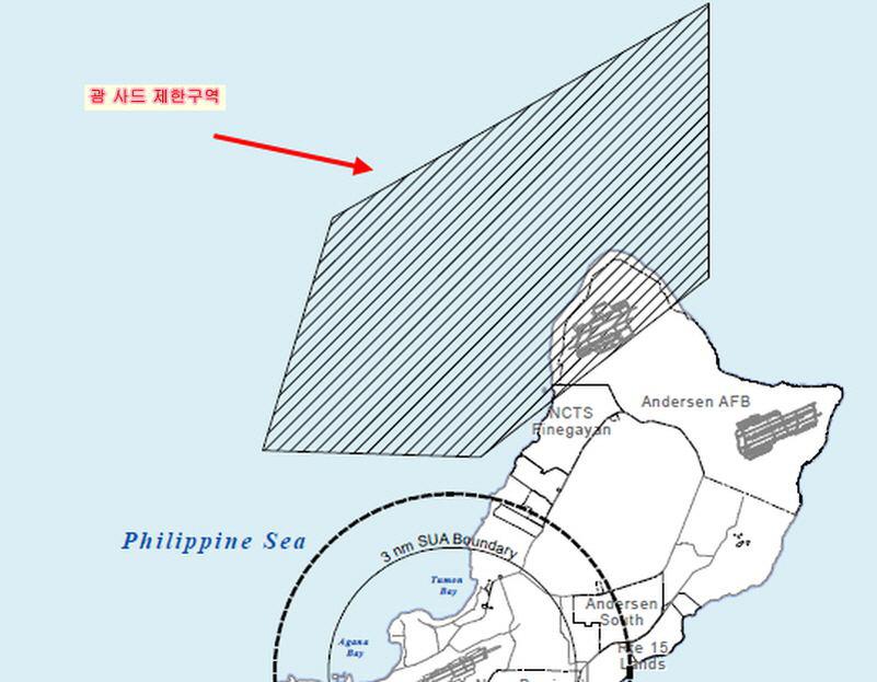 괌에 배치될 사드 레이더의 전방 '제한 구역'을 표시하고 있는 도면