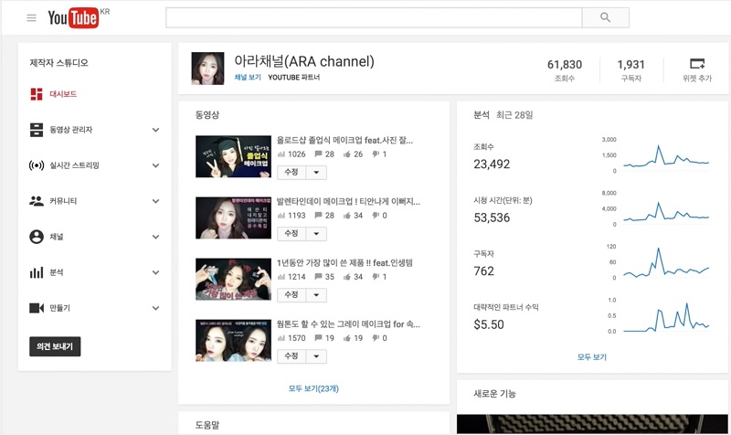 새내기 유튜버의 수익:아직 큰 인기를 얻지 못하고 있는 새내기 유튜버의 관리 화면입니다.