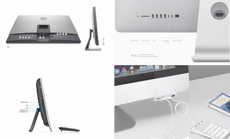 일체형 컴퓨터의 다양한 포트 위치:델 일체형 제품(이미지 출처:dell.com), 애플 아이맥(apple.com), HP 일체형(hp.com), 아이맥을 위한 USB 확장 제품(aliexpress.com)