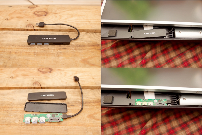 USB 허브 설치:USB 허브 케이스까지 그대로 넣을 수는 없어서 케이스를 제거하고 보드 상태로 뒤판과 LCD 사이에 설치합니다.