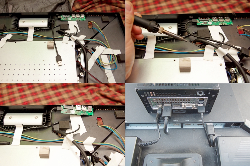 USB 허브 장착하기:USB 허브를 고정합니다. 케이스에 구멍을 내고 케이블을 반대편으로 뽑은 뒤 본체 아래쪽 USB 포트에 꽂습니다.