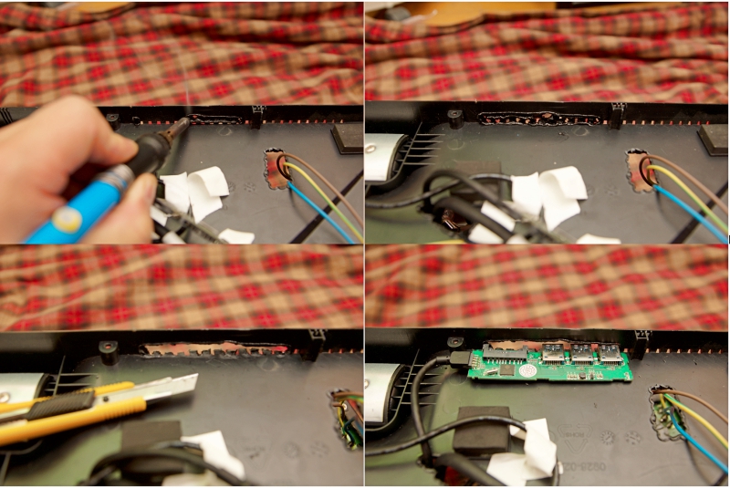 USB 포트용 구멍 뚫기:인두로 플라스틱을 녹이는 작업입니다. 아래쪽이라 잘 보이지 않기 때문에 깔끔하게 할 필요는 없습니다.
