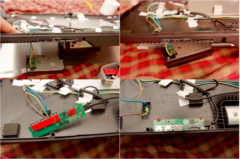 USB 허브 고정 시키기:구멍 뚫기 작업이 끝나면 허브를 고정시킵니다. 양면 테이프와 함께 나사로 허브 위쪽을 고정합니다.
