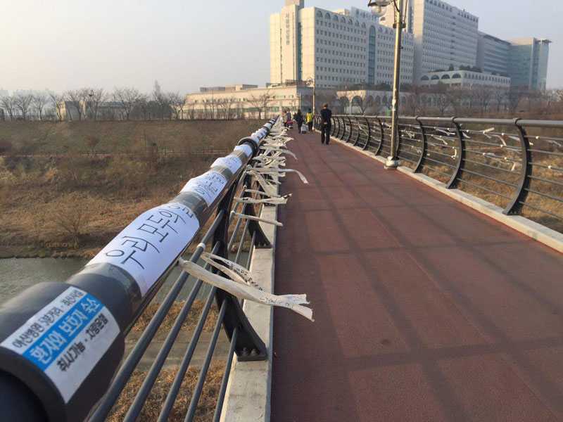 24일 오후 서울 송파구 서울아산병원 인근 성내천 다리에 고(故)박선욱 간호사의 죽음을 추모하는 흰 리본 끈이 묶여있는 모습