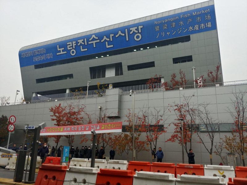 7일 노량진수산시장 앞에 대기하고 있는 용역들의 모습.