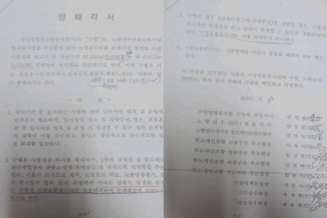 수협 측과 지난 2009년 7월 8일 체결한 양해각서 내용 중 "어려운 상황이 발생한 경우에는 수협과 시장유통종사자간 상호협력하여 문제해결에 공동노력하기로 한다"
