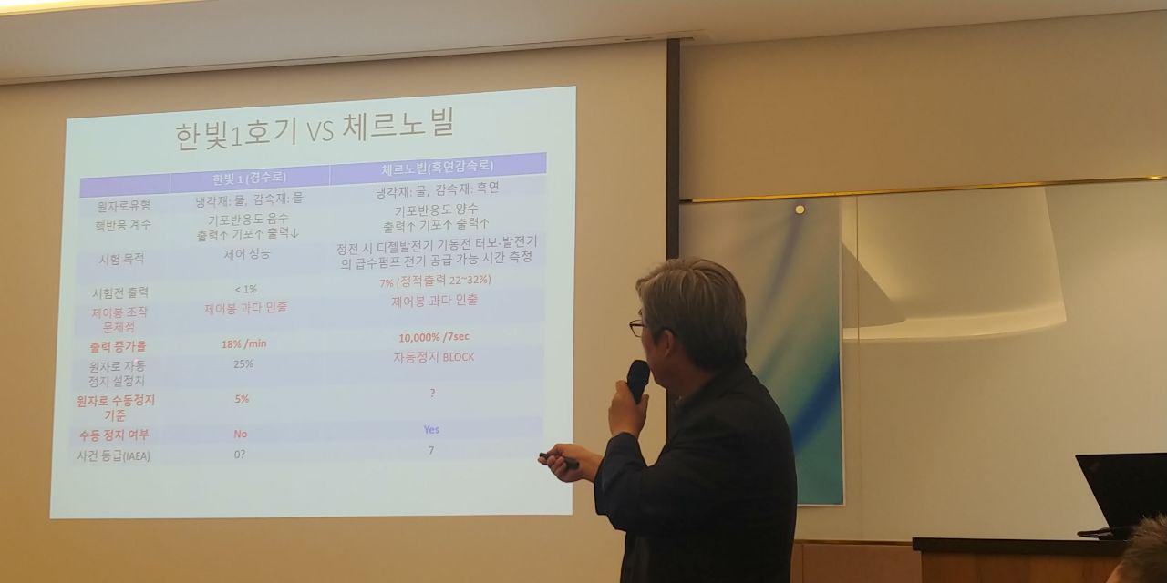 30일 오후 원자력안전연구회 주최로 '한빛 원전 1호기 출력급증 사건 평가 원자력 안전 워크샵이 서울 패스트파이브 시청점 5층 컨퍼런스룸에서 열렸다. 박종운 동국대학교 원자력 에너지시스템공학과 교수가 한빛1호기 정지 사고와 체르노빌 사고를 비교하고 있는 모습. 2019.05.30