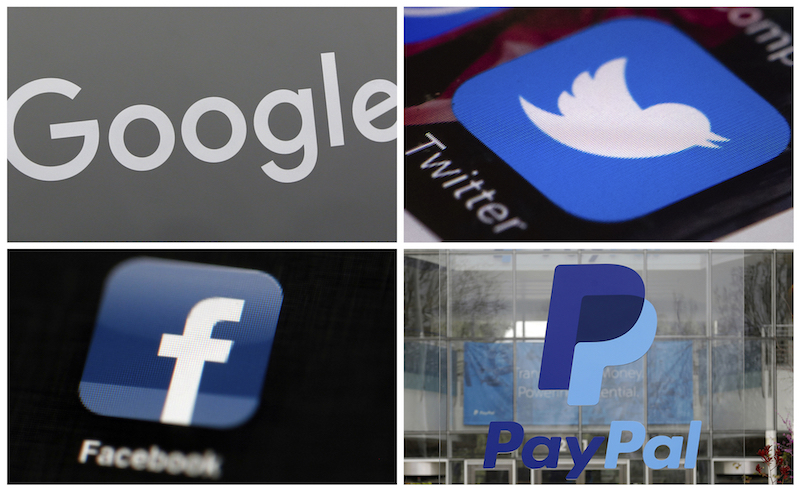 첨단기술기업들의 로고 - 왼쪽 위에서부터 시계방향으로 구글, 트위터, 페이팔, 페이스북.