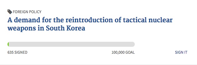 백악관 청원 홈페이지에 올라온 자유한국당의 한반도 전술핵 재배치 청원 글. 19일 낮 12시 현재 10만명 목표에서 단 635명만 서명에 참여했다.