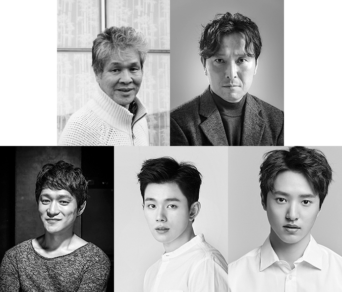 연극 ‘에쿠우스’ 캐스팅 공개. (첫 줄 좌측부터) 장두이, 안석환. (둘째 줄 좌측부터) 전박찬, 오승훈, 정휘