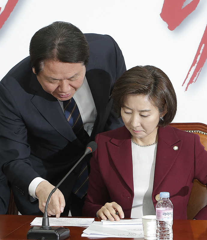 자유한국당 나경원 원내대표와 정양석 원내수석이 20일 오전 국회에서 열린 청와대 특감반 진상조사단 및 김경수 드루킹 특별위원회 연석회의에서 자료를 살피고 있다.