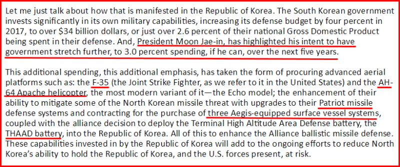 빈센트 브룩스 주한미군 사령관이 한국의 국방 예산 증액이 대부분 미국산 무기 수입에 사용될 것이라고 밝혔다.