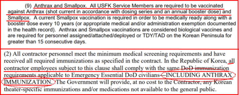 주한미군은 최근 공개된 문서에서도 전 장병들과 민간 계약자에게 탄저균 백신 접종을 의무화하고 무상 제공을 명시했다.