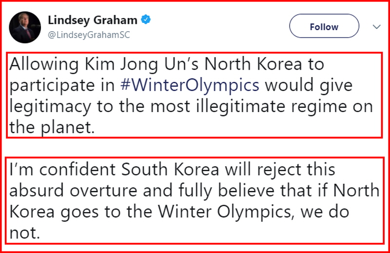 린지 그레이엄 미국 공화당 중진 상원의원이 2일(현지 시간) 트위터를 통해 만약 북한이 동계올림픽에 참가한다면, 미국은 가지 않는다고 믿는다며 한국은 북한의 제안을 거부할 것으로 확신한다고 말했다.