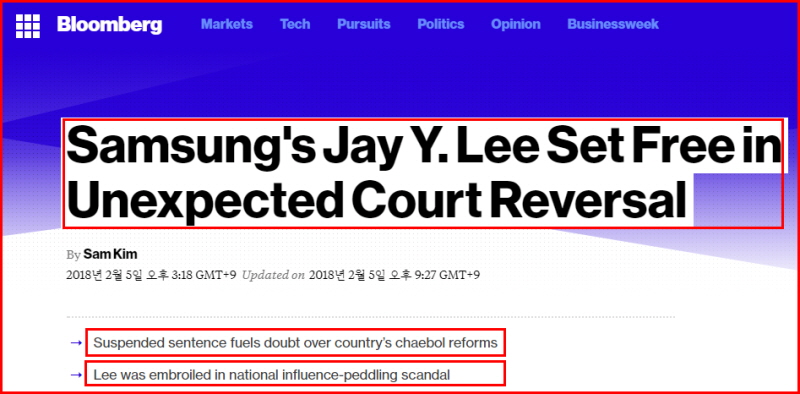 경제전문 블룸버그통신은 5일(현지 시간)  ‘삼성 Jay Y. Lee(이재용 부회장 미국 이름), 예상치 못한 사법부 반전(Reversal)으로 석방’이라는 제목의 기사에서 “집행유예는 이 국가의 재벌 개혁에 의심을 몰고 있다”는 내용과 “이재용은 국가적인 부정한 영향력을 행사한 스캔들로 휩싸였다”는 내용을 부제목으로 올렸다.
