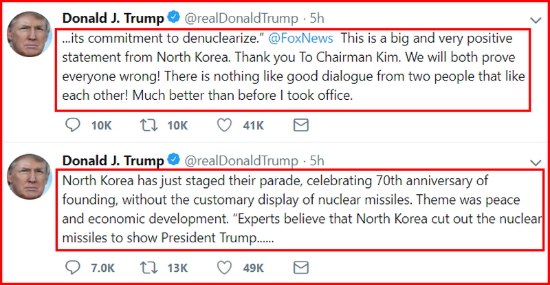 도널드 트럼프 미국 대통령이 9일(현지 시간) 트위터를 통해 북한이 정권수립 70주년 기념일(9·9절)에 개최한 열병식에서 대륙간탄도미사일(ICBM)을 동원하지 않은 것에 관해 “매우 긍정적”이라며 “김정은 위원장에 감사한다”고 밝혔다.