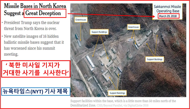 미국 일간 뉴욕타임스(NYT)는 12일(현지 시간) 전략국제문제연구소(CSIS)의 보고서를 근거로 북한의 숨겨진 미사일 기지가 거대한 사기를 시사한다고 보도했다.