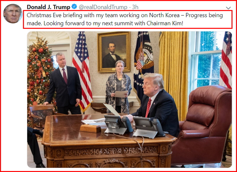 도널드 트럼프 대통령이 크리스마스이브인 24일(현지 시간) 트위터에 올린 글에서 김정은 북한 국무위원장과 2차 정상회담을 기대한다고 거듭 밝혔다.