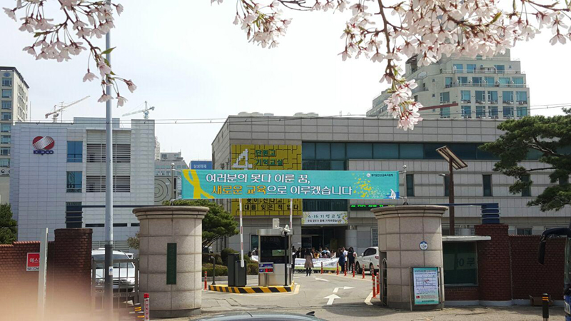 2018년 4월7일 벚꽃이 활짝 핀 안산 단원구 기억교실 앞에서 학생들이 단체 사진을 찍고 있다.
