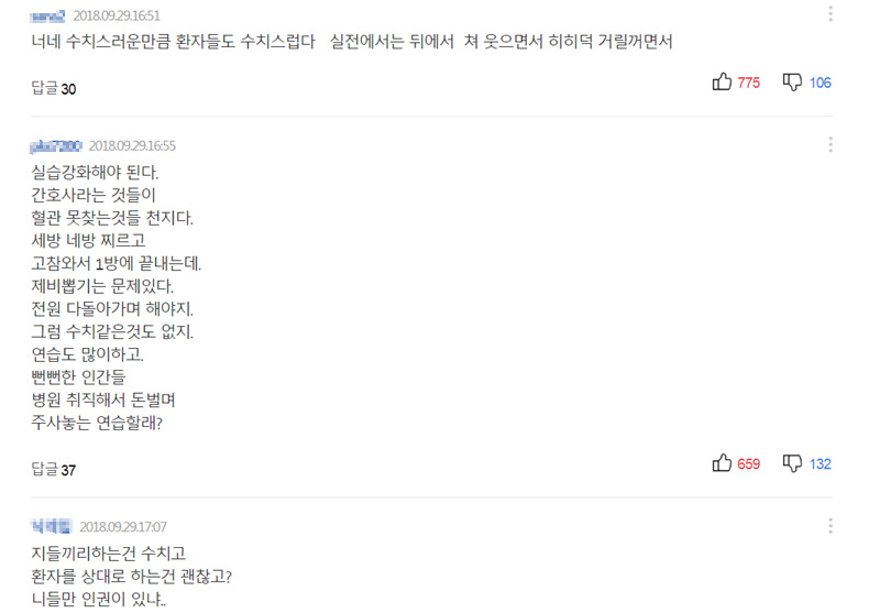 국내 일부 대학 간호학과에서 학생들을 대상으로 관장 실습을 하고 있다는 보도에 달린 댓글.