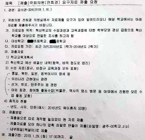 자유한국당 전희경 의원이 요구한 자료 제출 요구 공문