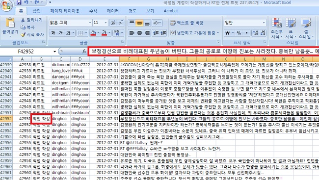 국정원 및 의심 계정에서 만들어진 23만건의 엑셀 화면 일부분