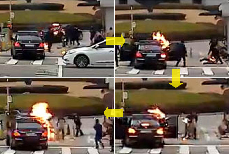 70대 한 남성이 27일 오전 서울 서초구 대법원에서 출근하는 김명수 대법원장 출근차량에 화염병을 투척하고 경비들에게 제압당하고 있다. 사진은 블랙박스영상 캡쳐한 사진을 위에서부터 순서대로 배열하였다. 2018.11.27. (사진=김정수씨 제공)
