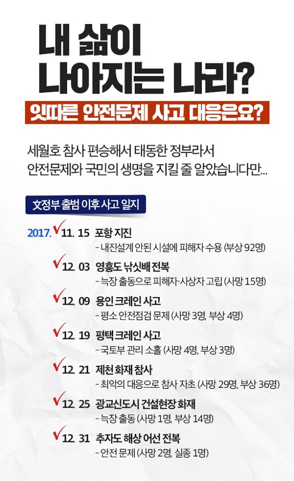 자유한국당이 각종 사건·사고를 나열하며 문재인 정부의 무능을 강조하고 있는 포스터.