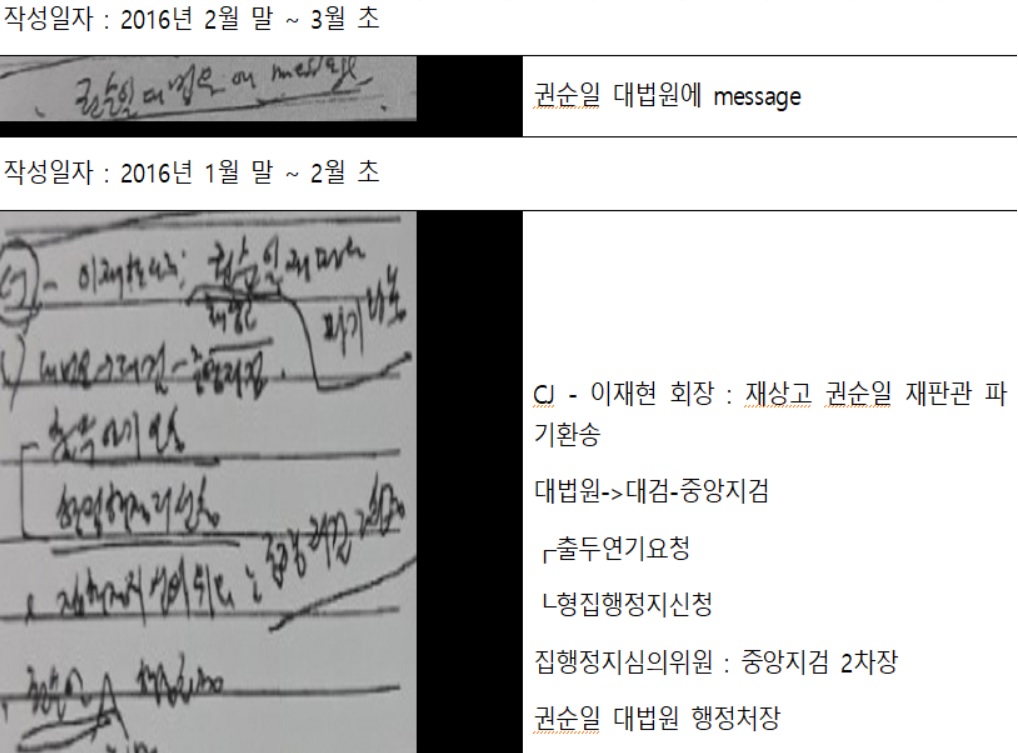 더불어민주당 박주민 의원이 12일 공개한 안종범 전 청와대 정책조정수석의 업무 수첩