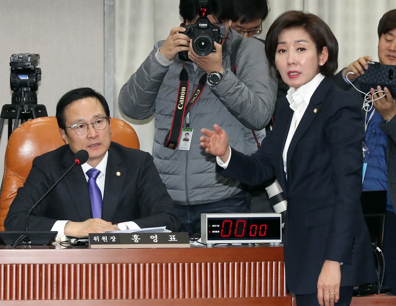 31일 서울 영등포구 여의도 국회에서 열린 국회 운영위원회 오후 전체회의에서 홍영표 운영위원장이 나경원 자유한국당 원내대표와 설전을 벌이고 있다.