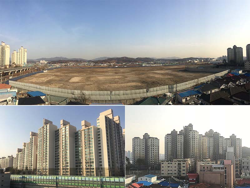 지난 8일 오후, 경기도 남양주시 퇴계원면 퇴계원리 롯데 소유 부지, 현재 군부대 이전이 완료되고 철거공사도 마무리 단계에 접어들었다. 아랫쪽 사진은 부지 인근 아파트 단지들, 우측이 퇴계원 힐스테이트다.