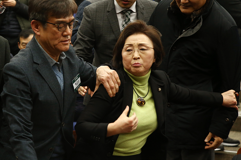 국민의당 통합 반대파인 장정숙 의원이 12일 오후 국회에서 전당대회를 위한 통합파 주도의 당무위원회의에서 통합파 당무위원들을 밀치며 안철수 대표에게 항의하며 단상으로 나가려고 하고 있다.