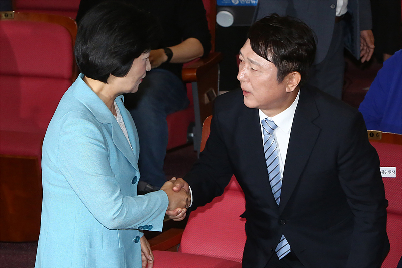 더불어민주당 추미애 대표와 송파을 최재성 후보가 13일 오후 국회 의원회관에서 열린 6ㆍ13지방선거 개표 방송 시청에 참석하며 악수하고 있다.