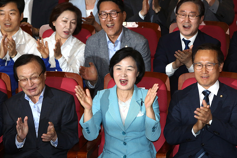 더불어민주당 추미애 대표가 13일 오후 국회 의원회관에 열린 6ㆍ13지방선거 개표 방송 시청에서 출구조사 결과가 나오자 환호하며 박수치고 있다.
