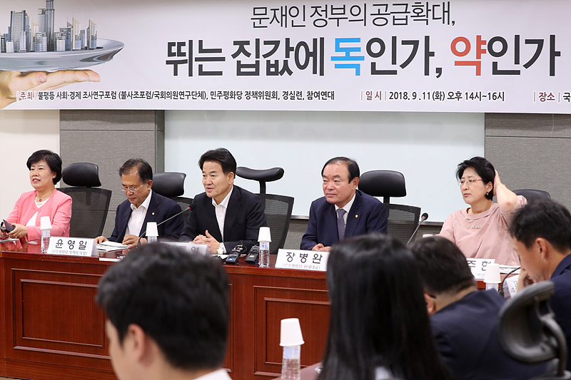민주평화당 정동영 대표가 11일 국회 의원회관에서 열린 부동산개혁 긴급토론회 ‘문재인 정부의 공급확대, 뛰는 집값에 독인가, 약인가’에서 모두발언하고 있다.