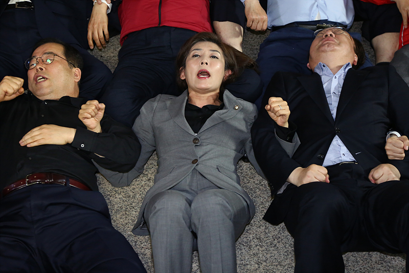 자유한국당 나경원 원내대표가 26일 국회에서 사법개혁특별위원회 회의를 저지하기 위해서 회의장 입구에서 소속 의원들과 드러눕고 구호를 외치고 있다.