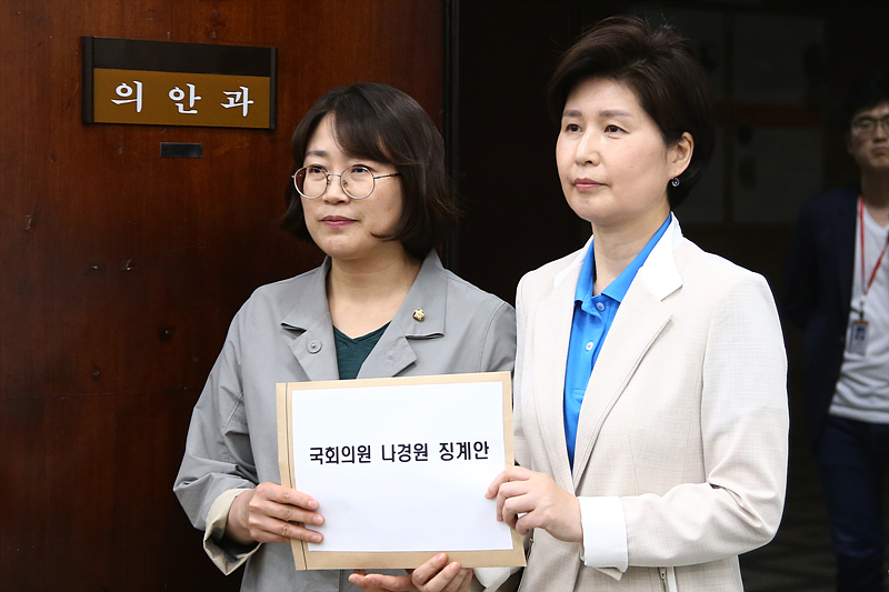 더불어민주당 백혜련 의원(오른쪽)과 정의당 추혜선 의원이 17일 문재인 대통령 지지자들을 비하하는 비속어를 사용한 자유한국당 나경원 원내대표 징계안을 들고 국회 의안과에 입장하고 있다. 2019.05.17