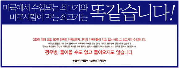 5일 농림수산식품부와 보건복지가족부가 주요 일간지에 게재한 광고 문구에는 "미국에서 수입되는 쇠고기와 미국사람이 먹는 쇠고기는 똑같다"면서 "1997년 동물성사료 급여 금지 이후 미국에서 태어난 소는 단 한마디로 광우병에 걸린 바 없다"고 나타나있다.
