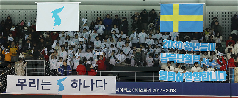 4일 오후 인천 선학국제빙상경기장에서 열린 2018 평창 동계올림픽 여자 아이스하키 남북단일팀과 스웨덴과의 평가전에서 관중들이 한반도 단일기를 들고 응원을 하고 있다.