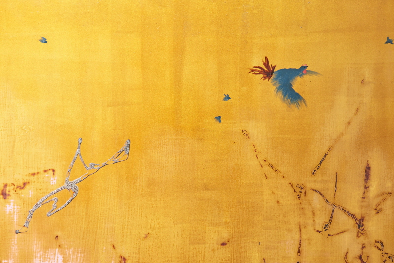 날아라 닭 (Fly, Roosters) 122.5x180m 목판위에 õ, 옻칠화(East Asian natural lacquer Painting) 2017 _ 부분