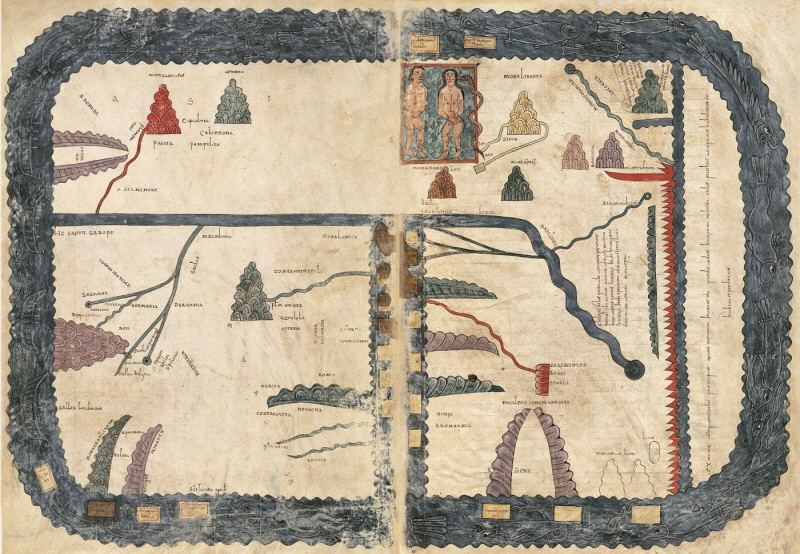 헤로나 베아투스 세계지도, The Gerona Beatus Mapamundi, 975년. 스페인 타바라(Tábara)에 있는 성 살바도르 수도원에서 제작되었다고 알려져 있다. 당시에 서유럽인들에게 비교적 잘 알려진 북쪽 바다(지도에서 왼쪽)에만 배가 그려져 있고 나머지 바다에는 다양한 바다 괴물들이 그려져 있다.