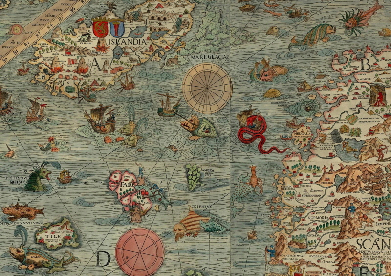 Olaus Magnus’s Carta Marina, 1539.바이킹들은 그들이 겪었던 해양지식을 기록으로 남기지 않았다. 그래서 15세기까지 북유럽의 거친 바다는 지도에서 모호한 형태였다. 16세기 스웨덴의 성직자인 올라우스 마그누스(Olaus Magnus)는 여러 지역을 직접 여행하면서 얻은 지식, 선원들로부터 채록한 정보, 북유럽의 설화, 여러 기록물 등을 통해 얻은 것을 바탕으로 북유럽 지도를 제작하였다. 12년에 걸쳐 북극해와 북대서양의 구체적인 해양 정보를 담아내었고 그 당시 세계에서 가장 정확한 지도였다. 이 지도에는 바다의 물길과 소용돌이가 직접 그려져 있으며 그 위험을 상상동물을 통해 비유적으로 경고하였다.