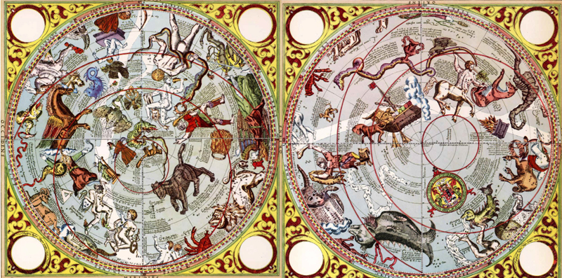 The Use of the Celestial Globe in Plano, set forth in two Hemispheres.., 1590년. 수학자이자 의사였던 토마스 후드가 만든 천문도이다. 두 개의 원에 북쪽과 남쪽의 하늘을 그린 이 천문도는 천구의 위도와 경도, 태양이 지나는 황도 등과 대표적인 별자리들이 표현되어 있다. 서양의 별자리는 신화나 전설 속의 주요한 동물과 사람 등으로 이루어지는데 그 중에는 켄타우르스처럼 상상으로 만들어졌거나 우리가 알고 있는 모습과 다르게 표현된 고래 등을 찾아볼 수 있다.
