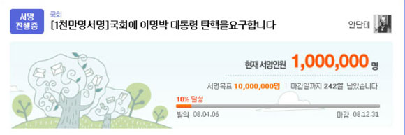 이명박 대통령 탄핵 서명 100만 명 돌파