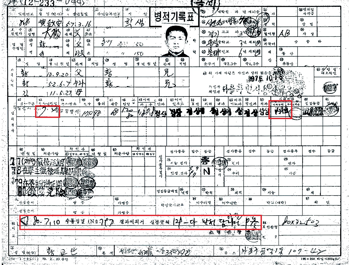 황교안 국무총리 후보자의 병적기록부. 빨간색으로 표시된 부분 중 윗부분에는 7월4일 병종(丙種) 판정을 받은 것으로 기록돼 있고, 아래에는 7월10일 만성담마진 판정을 받은 것으로 기록돼 있다.